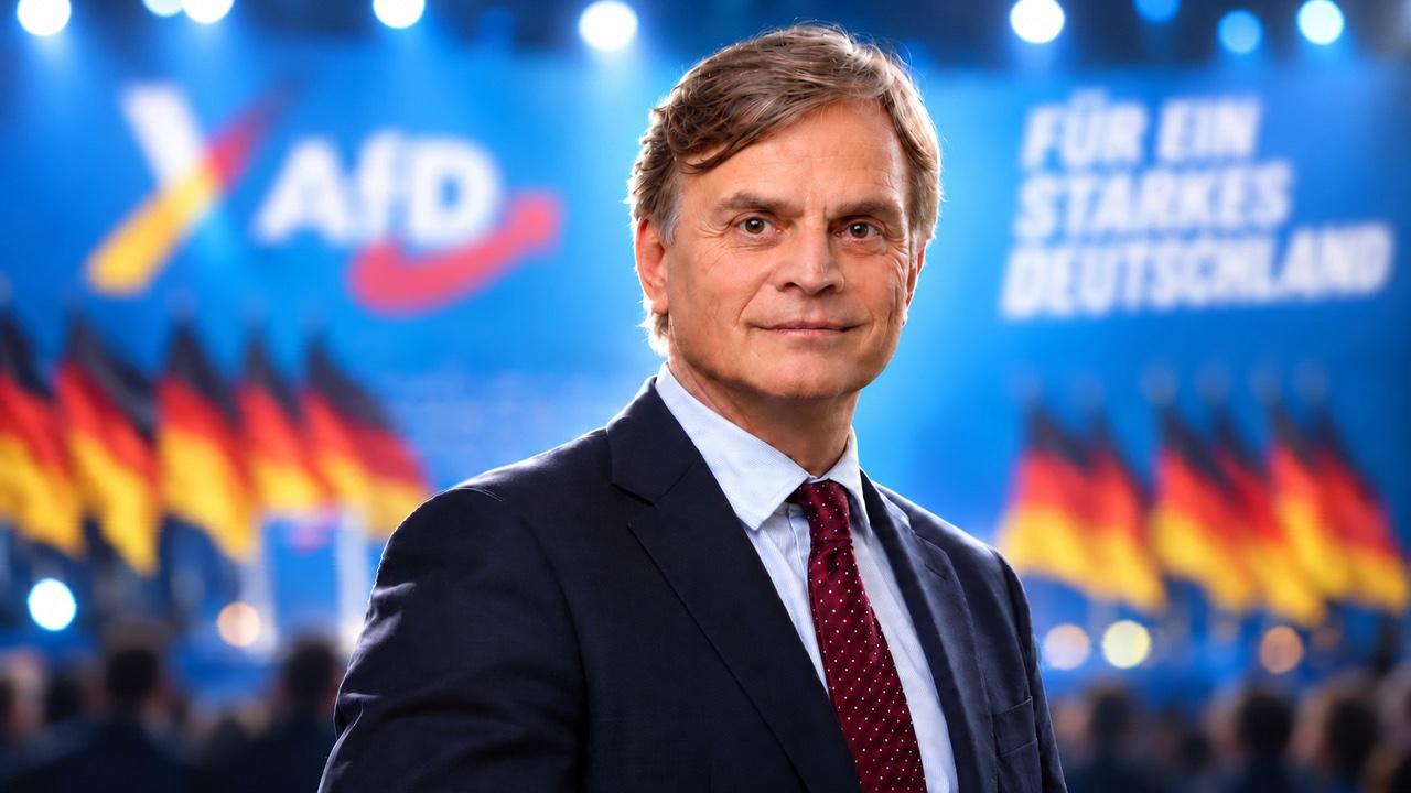 Dr. Bernd Baumann vor einer Bühne mit Deutschlandflaggen